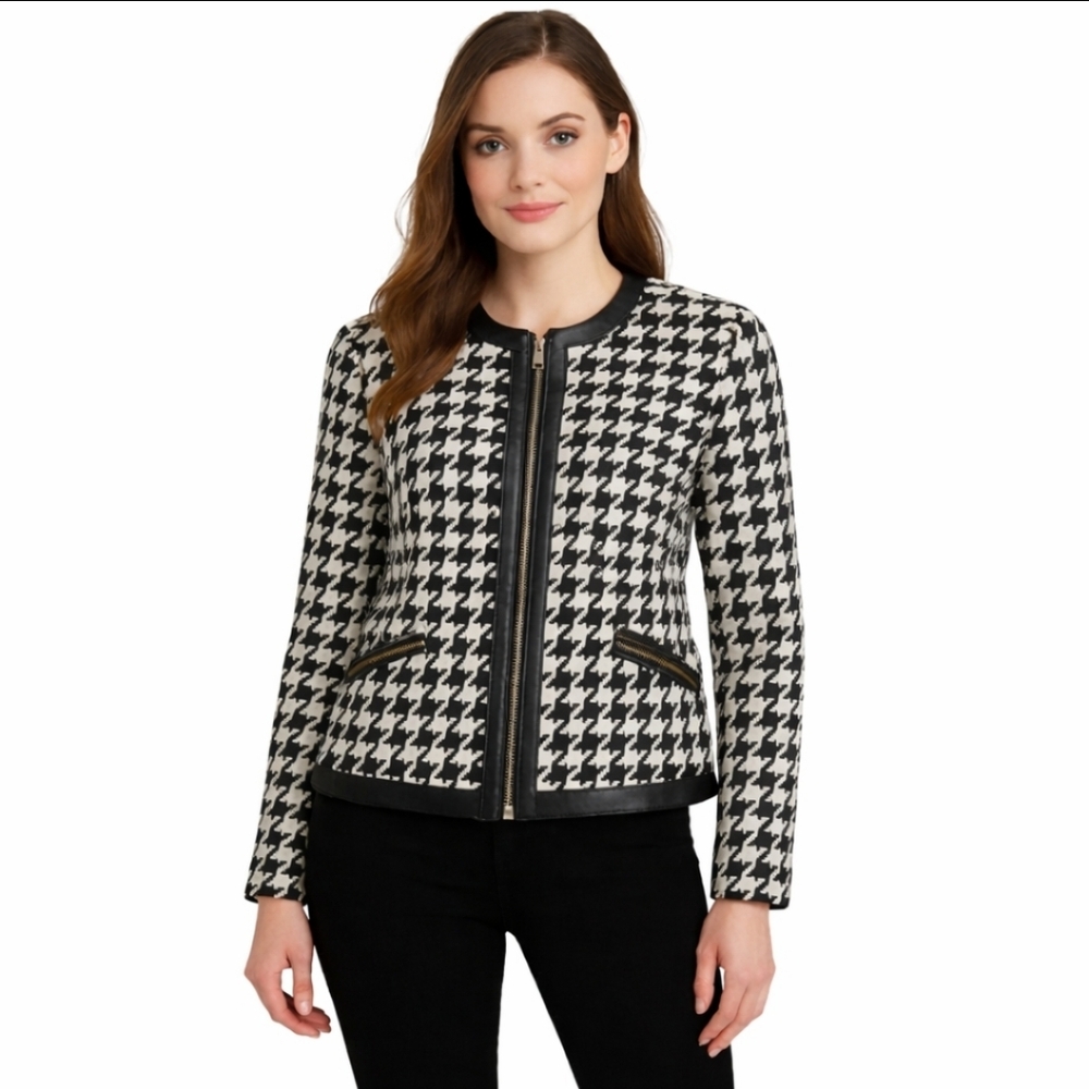 For Cynthia Black White Herringbone Faux Leather Trim Full Zip Jacket Sz M